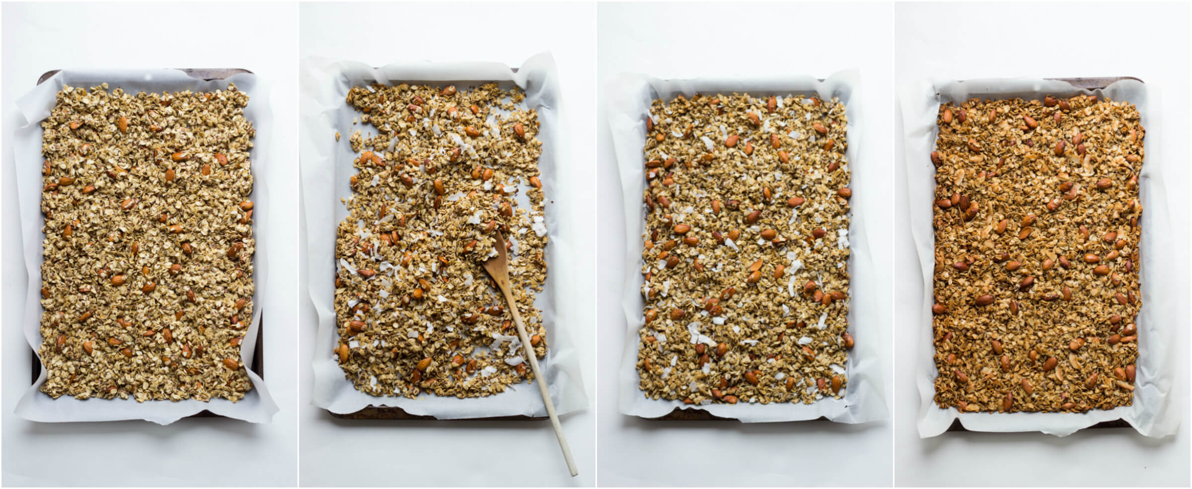 baked homemade granola on a baking sheet