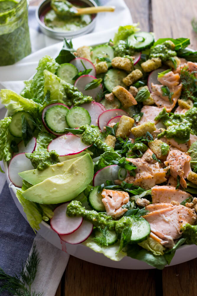 Salmon, Avocado, and Cucumber Salad with Cilantro Dressing - flavor packed healthy salmon salad with spring vegetables and cilantro dressing. Lunch or dinner all in one! | littlebroken.com @littlebroken