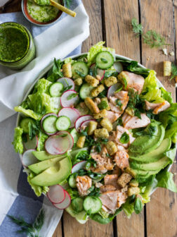Salmon, Avocado, and Cucumber Salad with Cilantro Dressing - flavor packed healthy salmon salad with spring vegetables and cilantro dressing. Lunch or dinner all in one! | littlebroken.com @littlebroken