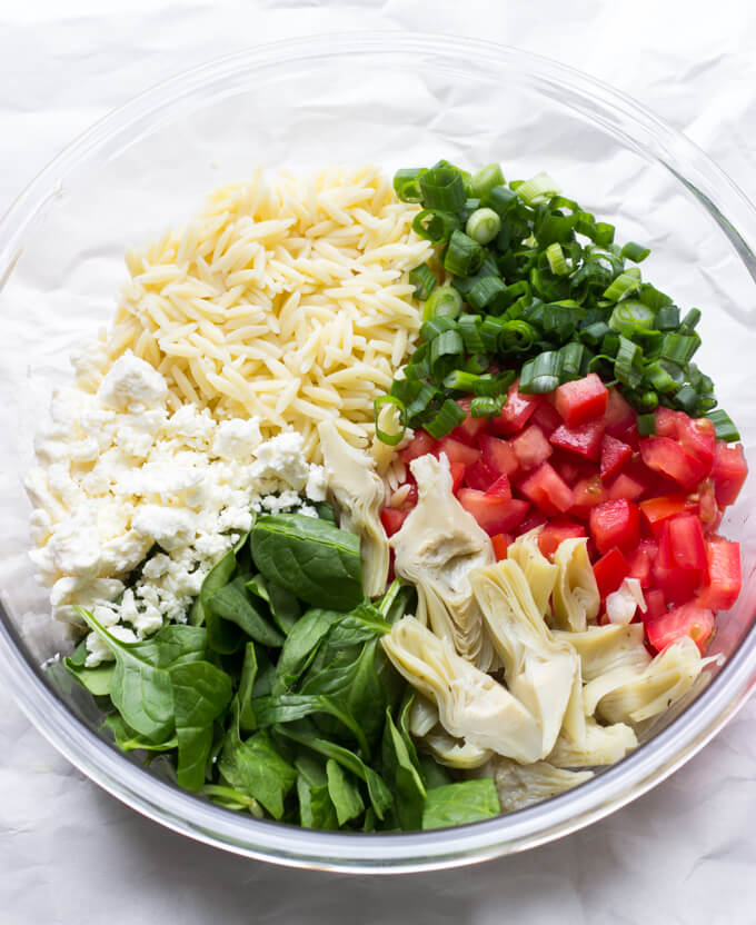 Artichoke Spinach Orzo Salad - Little Broken