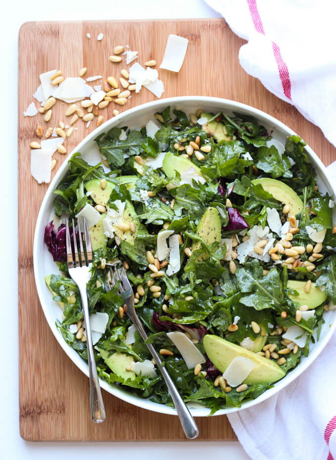 Parmesan Arugula Kale Salad with Pine Nuts - Little Broken