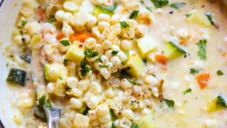 close up summer corn chowder in a bowl