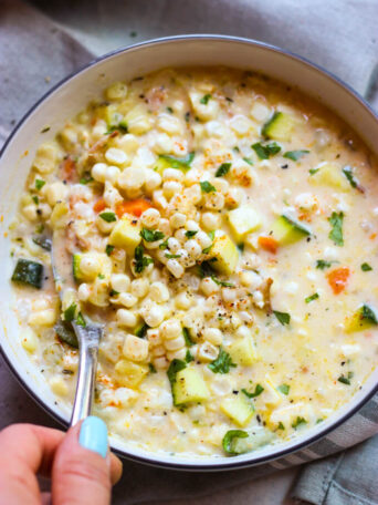 close up summer corn chowder in a bowl