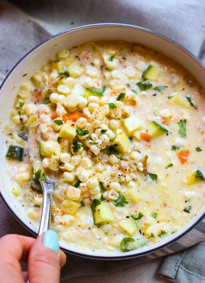 close up summer corn chowder in a bowl