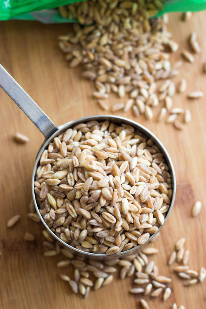 Chopped Farmers Market Farro Salad - loaded with good for you vegetables + hearty farro, and then tossed in the most flavorful honey lemon vinaigrette. Plus only at 156 calories! | littlebroken.com @littlebroken