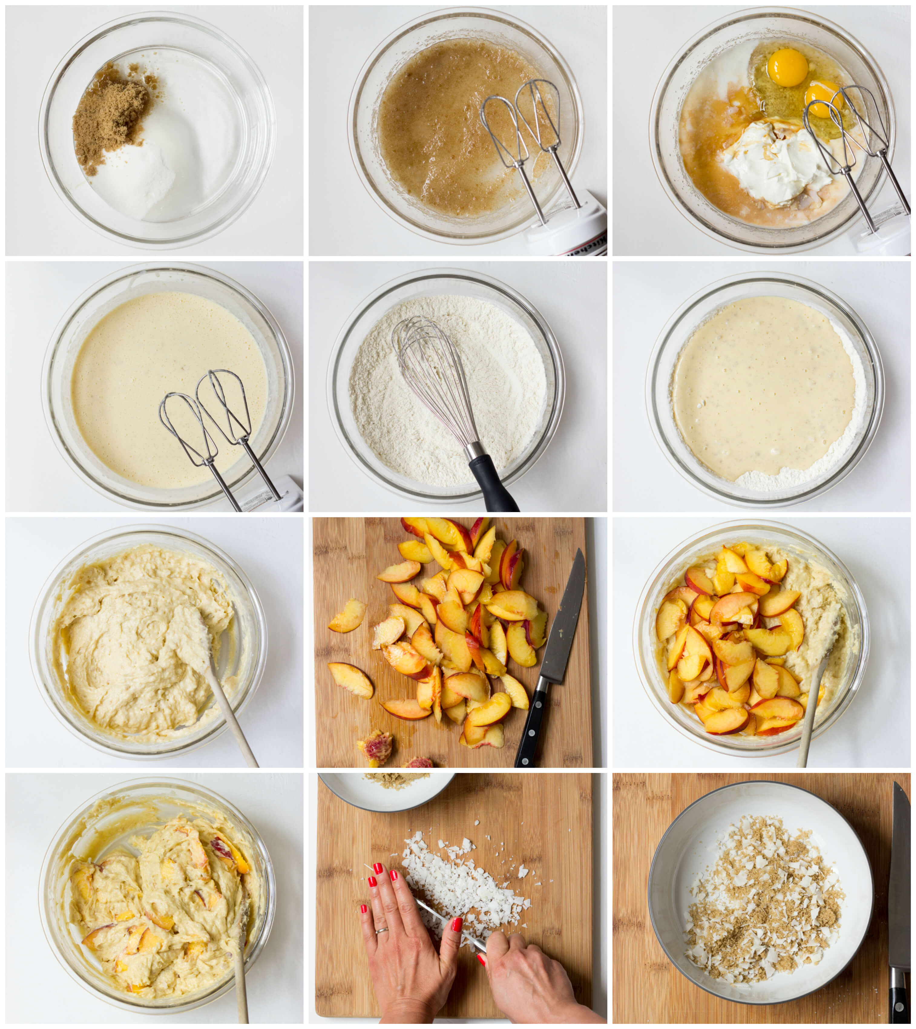 step by step instructions on how to make peach muffins with coconut