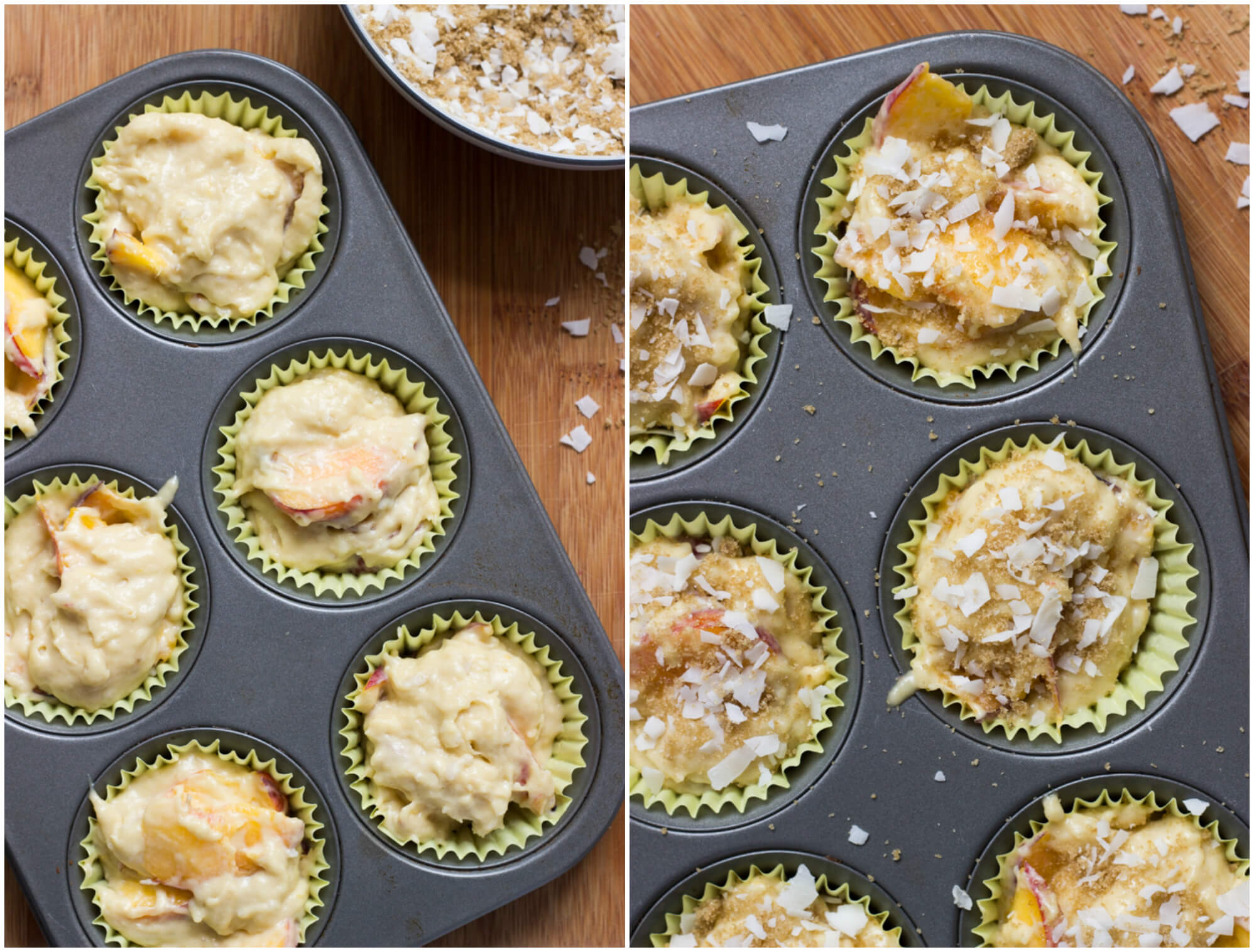 peach muffin batter in a muffin pan