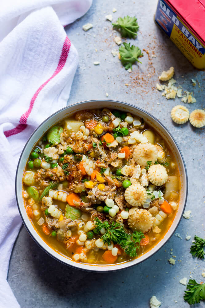 overhead Maryland Crab Soup in a bowl.