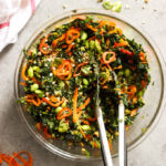 Chopped Kale Salad with Peanut-Chili Vinaigrette - kale, sweet peppers, cilantro, cashews, and edamame tossed in the most flavorful peanut-chili vinaigrette | littlebroken.com @littlebroken