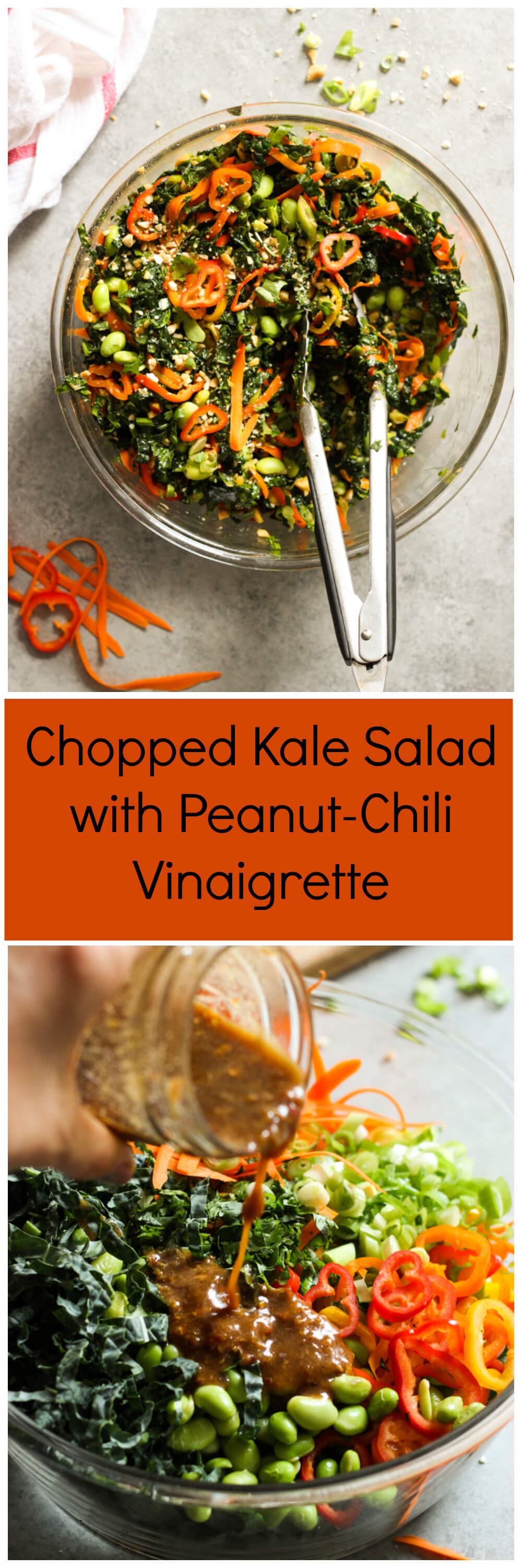 Chopped Kale Salad with Peanut-Chili Vinaigrette - kale, sweet peppers, cilantro, cashews, and edamame tossed in the most flavorful peanut-chili vinaigrette | littlebroken.com @littlebroken