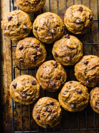 Healthy Chocolate Chip Pumpkin Muffins - made with coconut oil, white whole wheat flour, and sweetened with honey. These are by far the BEST healthy pumpkin muffins | littlebroken.com @littlebroken