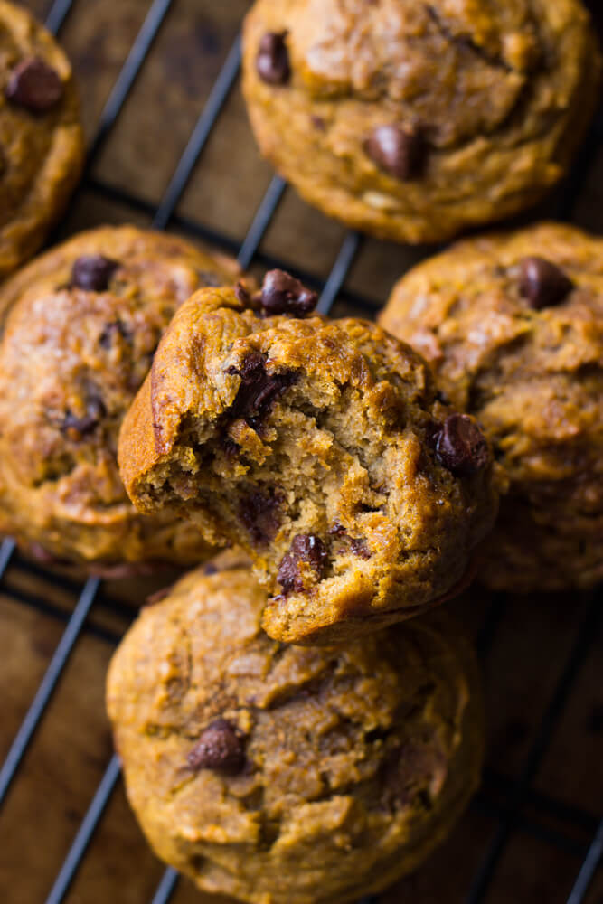 Healthy Chocolate Chip Pumpkin Muffins - made with coconut oil, white whole wheat flour, and sweetened with honey. These are by far the BEST healthy pumpkin muffins | littlebroken.com @littlebroken