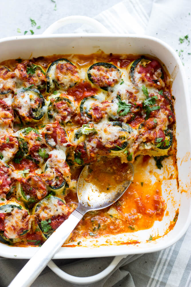 Zucchini Lasagna Roll Ups with Spinach and Artichokes - Little Broken