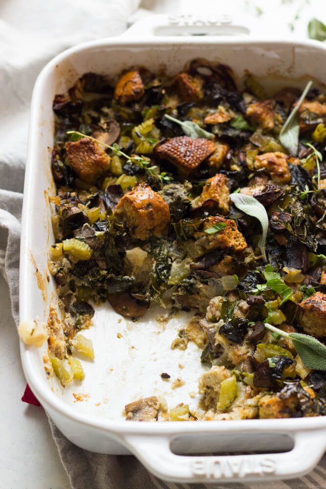 Lighter Mushroom and Kale Stuffing - made with whole wheat bread, fraction of the butter, and way less bread than most stuffings! | littlebroken.com @littlebroken