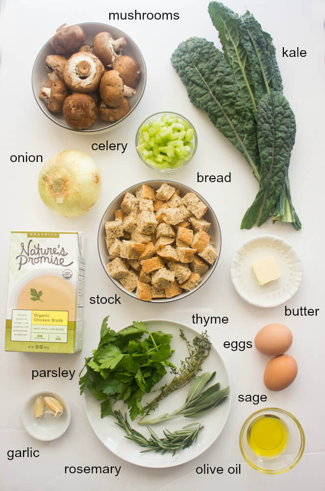 Lighter Mushroom and Kale Stuffing - made with whole wheat bread, fraction of the butter, and way less bread than most stuffings! | littlebroken.com @littlebroken