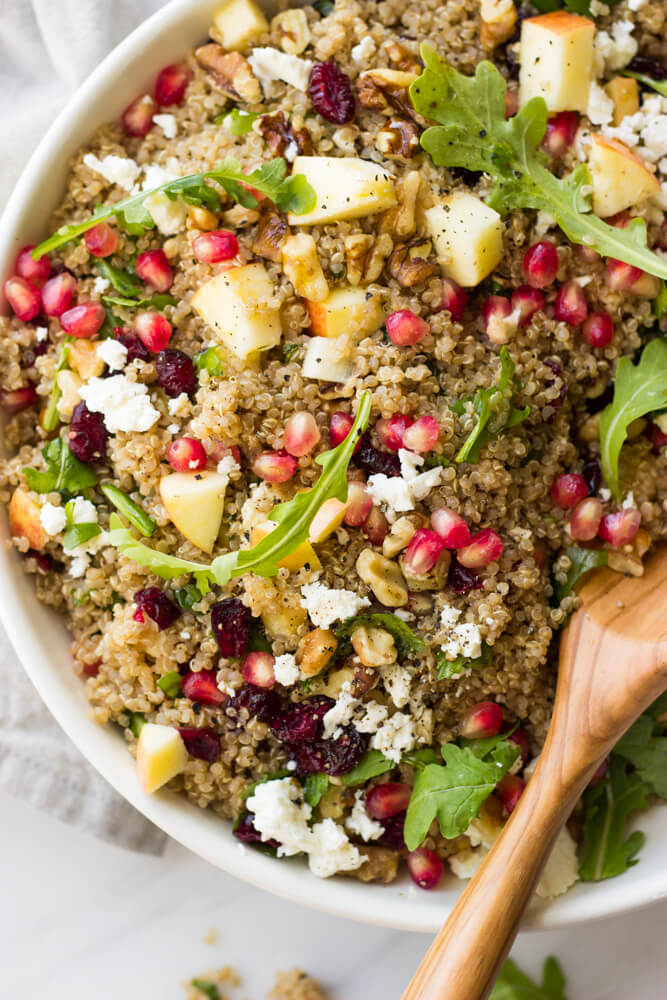 close up quinoa arugula feta salad
