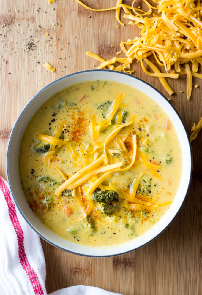 Overhead homemade broccoli cheddar soup recipe.