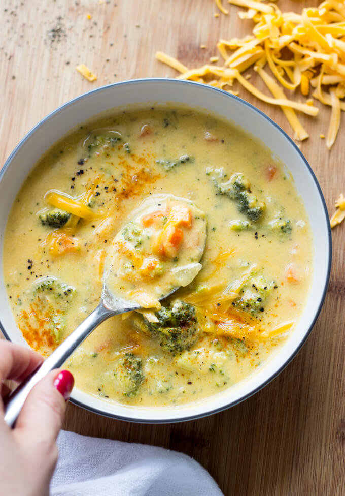 Overhead broccoli cheddar soup in a bowl.