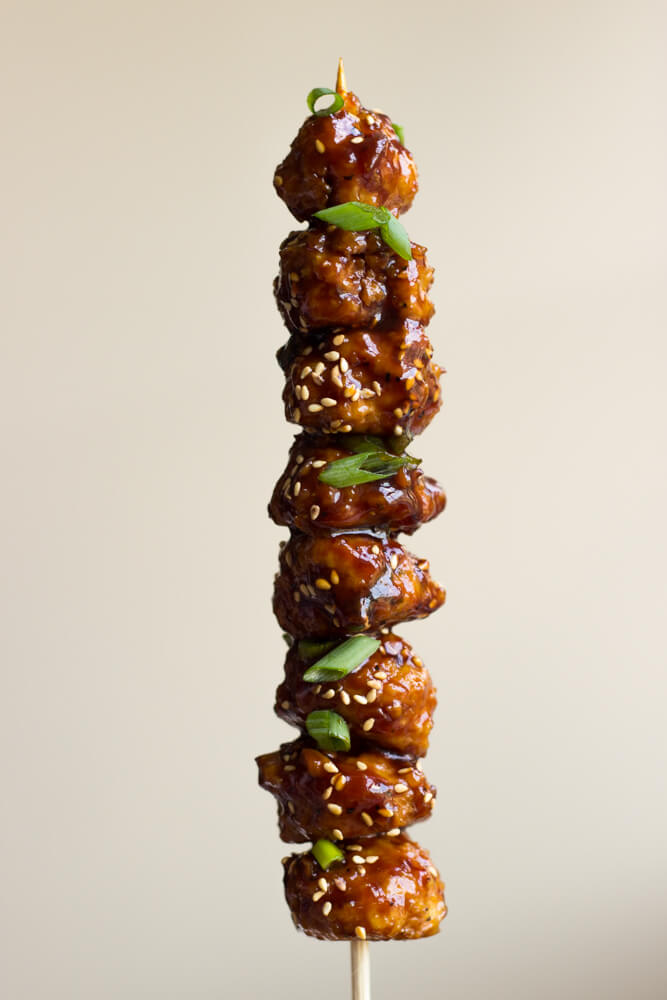 mini chicken meatballs on a stick.