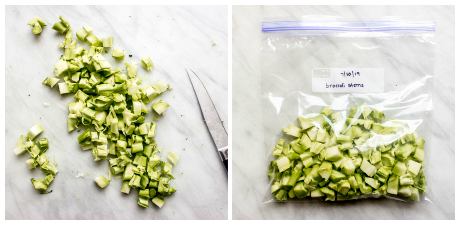 Chopped up broccoli stems