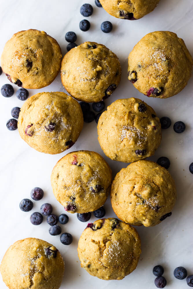 1-Bowl Blueberry Muffins - moist, tender, and bursting with flavor. These healthy muffins are made with no processed sugar and white whole wheat flour. | littlebroken.com @littlebroken