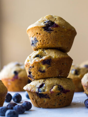 1-Bowl Blueberry Muffins - moist, tender, and bursting with flavor. These healthy muffins are made with no processed sugar and white whole wheat flour. | littlebroken.com @littlebroken