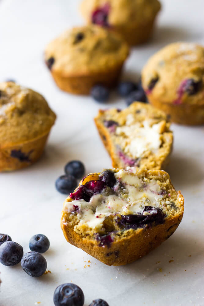 1-Bowl Blueberry Muffins - moist, tender, and bursting with flavor. These healthy muffins are made with no processed sugar and white whole wheat flour. | littlebroken.com @littlebroken