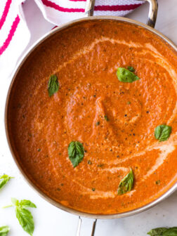 Close up of vodka sauce recipe in saute pan.