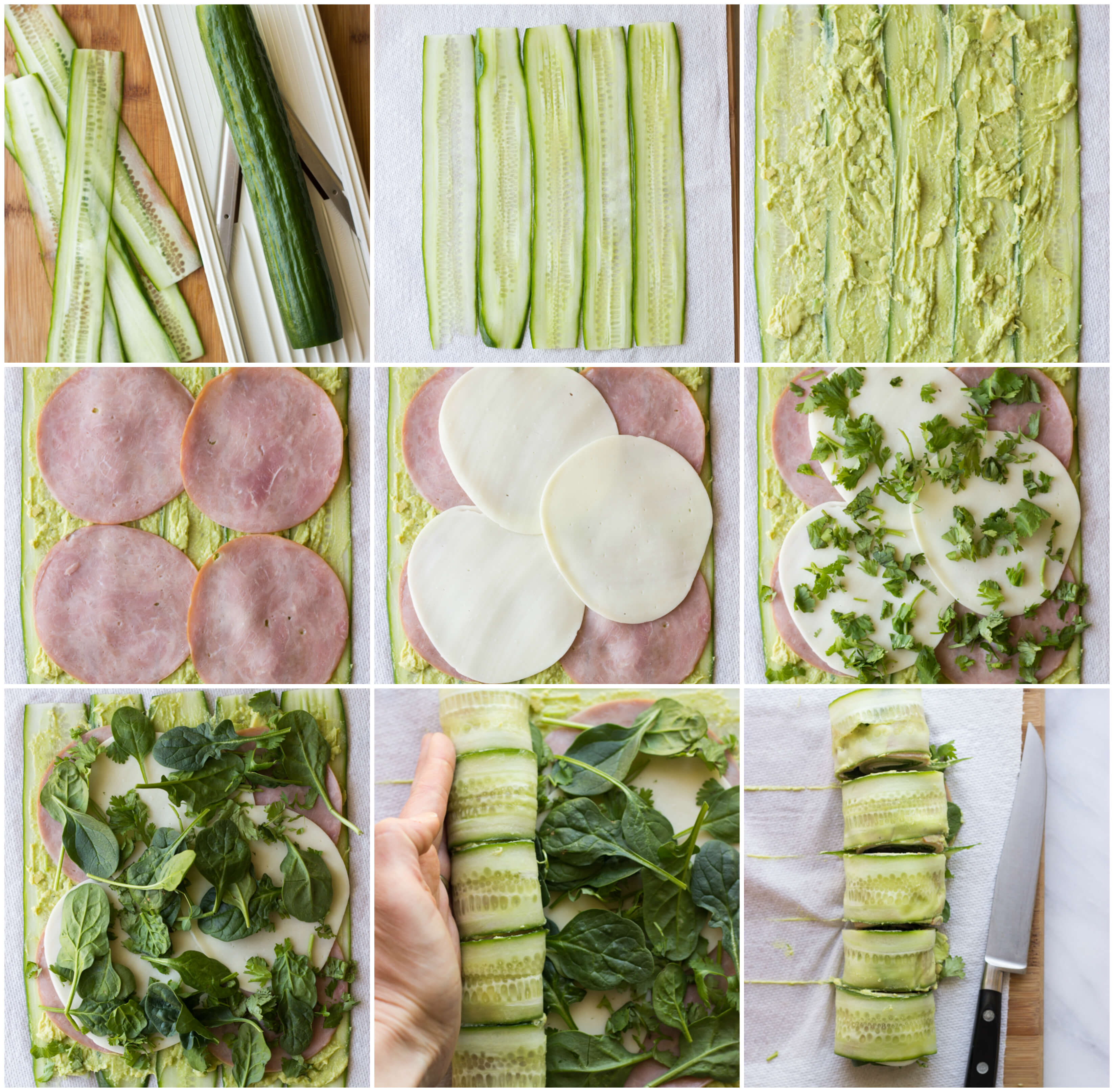 Ham and Cheese Cucumber Roll Ups - low carb and healthy roll ups with avocado-hummus, ham, cheese, cilantro, and spinach | littlebroken.com 