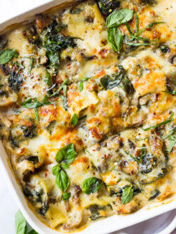 Chicken Mushroom and Spinach Lasagna - made with shredded chicken, fresh spinach, mushrooms, and light sauce | littlebroken.com @littlebroken