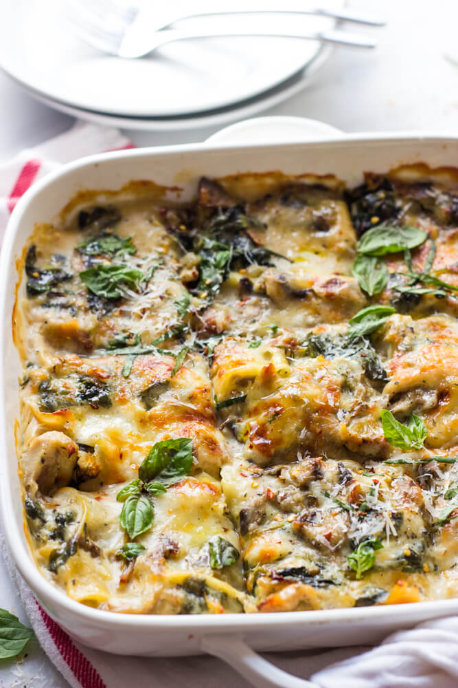 Chicken Mushroom and Spinach Lasagna - made with shredded chicken, fresh spinach, mushrooms, and light sauce 