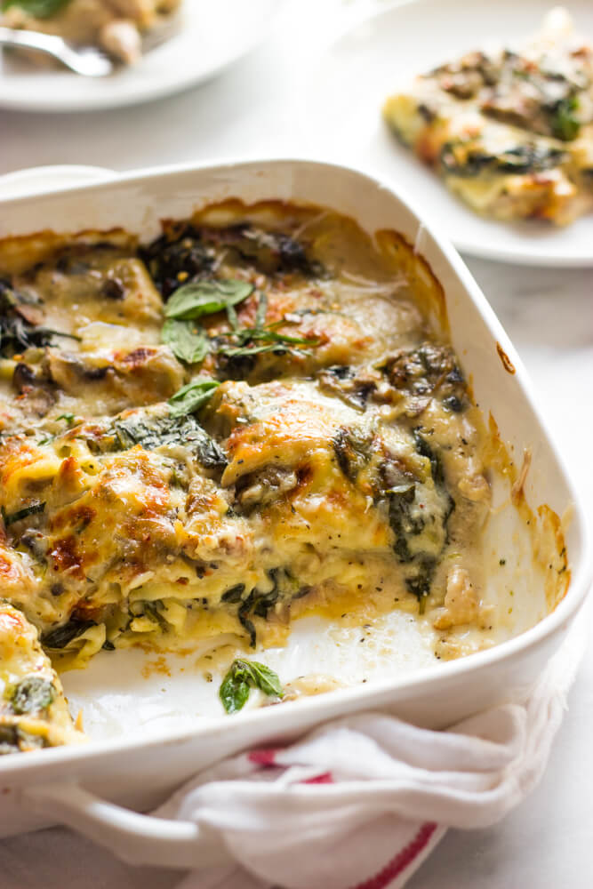 Chicken Mushroom and Spinach Lasagna - made with shredded chicken, fresh spinach, mushrooms, and light sauce 