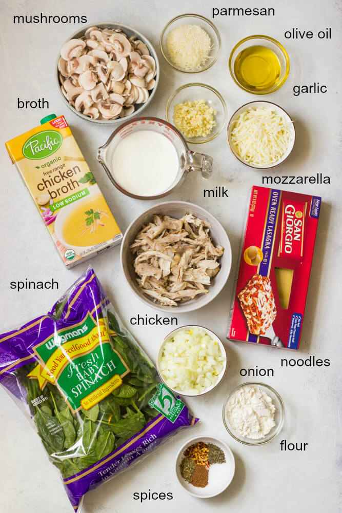 Ingredients for chicken mushroom spinach lasagna