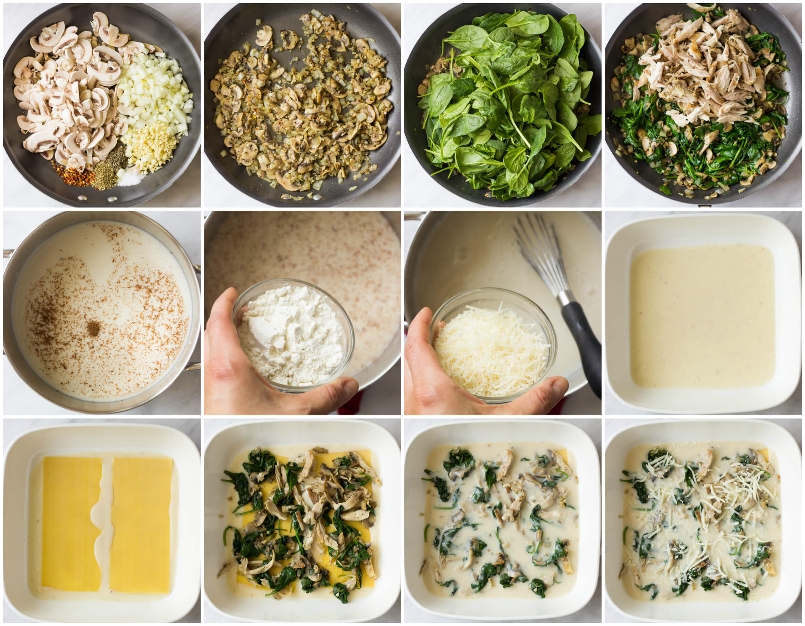 step by step instructions for chicken lasagna with mushrooms and spinach