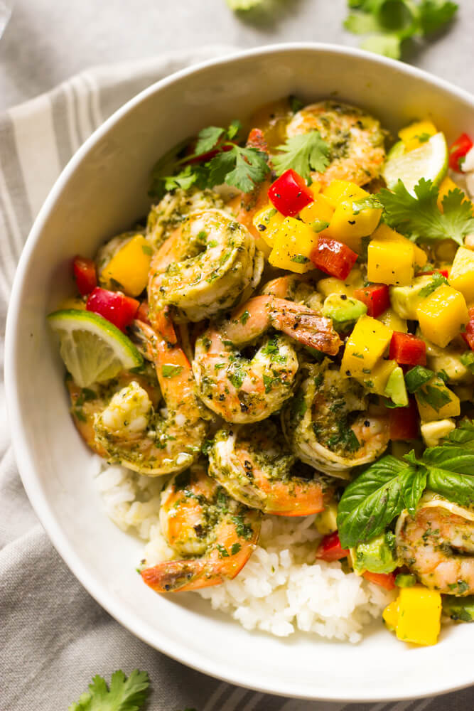 shrimp with mango salsa and rice