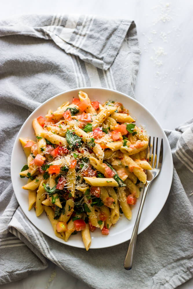 Pasta with Fresh Tomato Cream Sauce (Lightened Up) - Little Broken