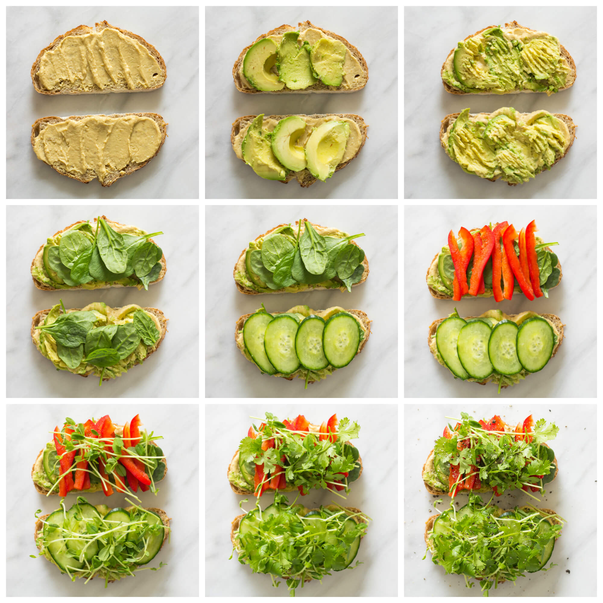 step by step instructions how to make hummus sandwich with veggies