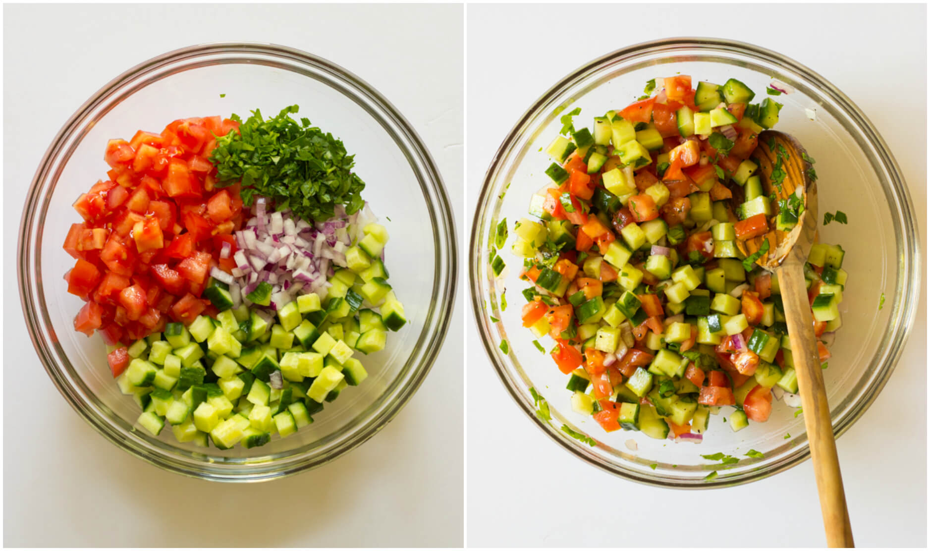 Chopped up cucumber tomato salad in glass bowl