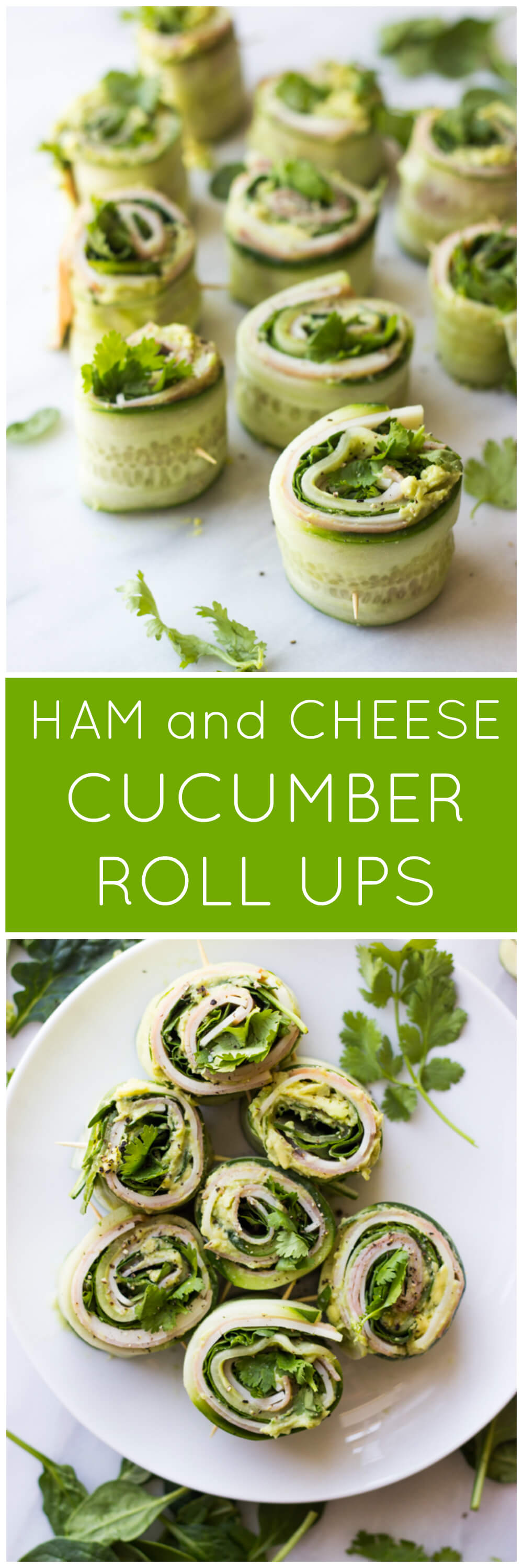 Ham and Cheese Cucumber Roll Ups - low carb and healthy roll ups with avocado-hummus, ham, cheese, cilantro, and spinach | littlebroken.com @littlebroken