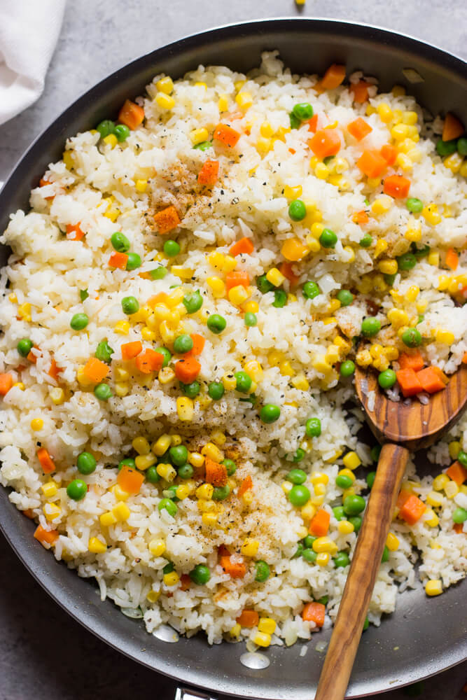 mexican white rice in skillet