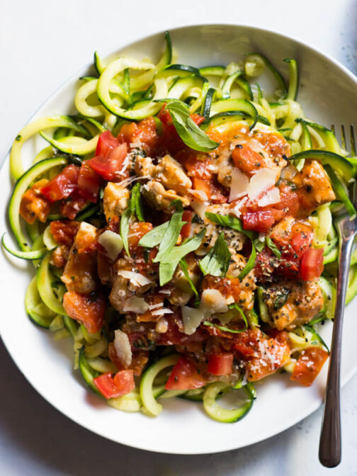 Tomato Basil Chicken with Zucchini Noodles Little Broken