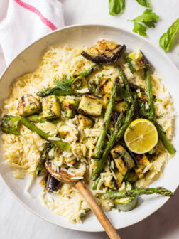 Creamy Orzo with Grilled Vegetables - grilled vegetables tossed in simple garlic herb vinaigrette and served over creamy orzo | littlebroken.com @littlebroken