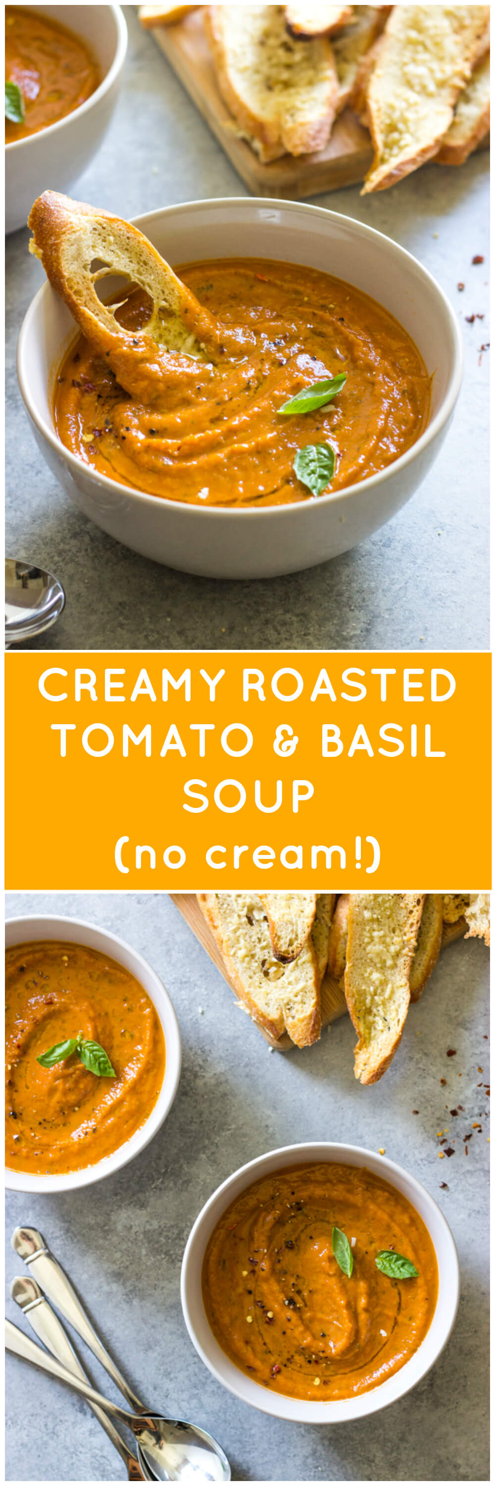 Creamy Roasted Tomato and Basil Soup - creamy tomato soup without any cream or cream alikes! So rich, buttery, yet light | littlebroken.com @littlebroken