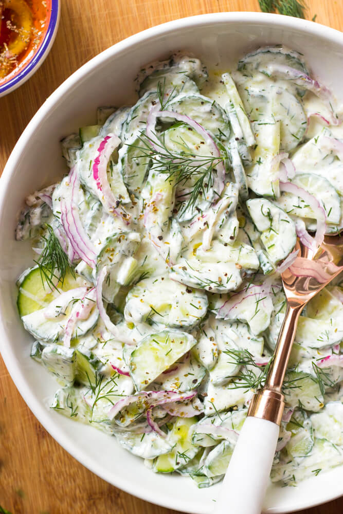 Creamy Greek Cucumber Salad - Little Broken