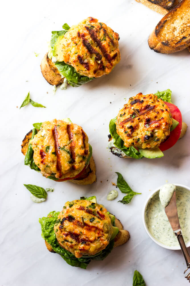 open faced grilled salmon burgers