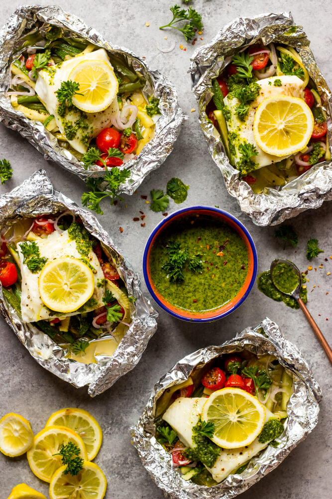 Baked Fish and Vegetables in Foil with Chimichurri Sauce - Little Broken