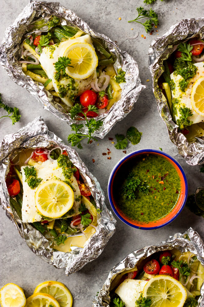 Baked Fish and Vegetables in Foil with Chimichurri Sauce