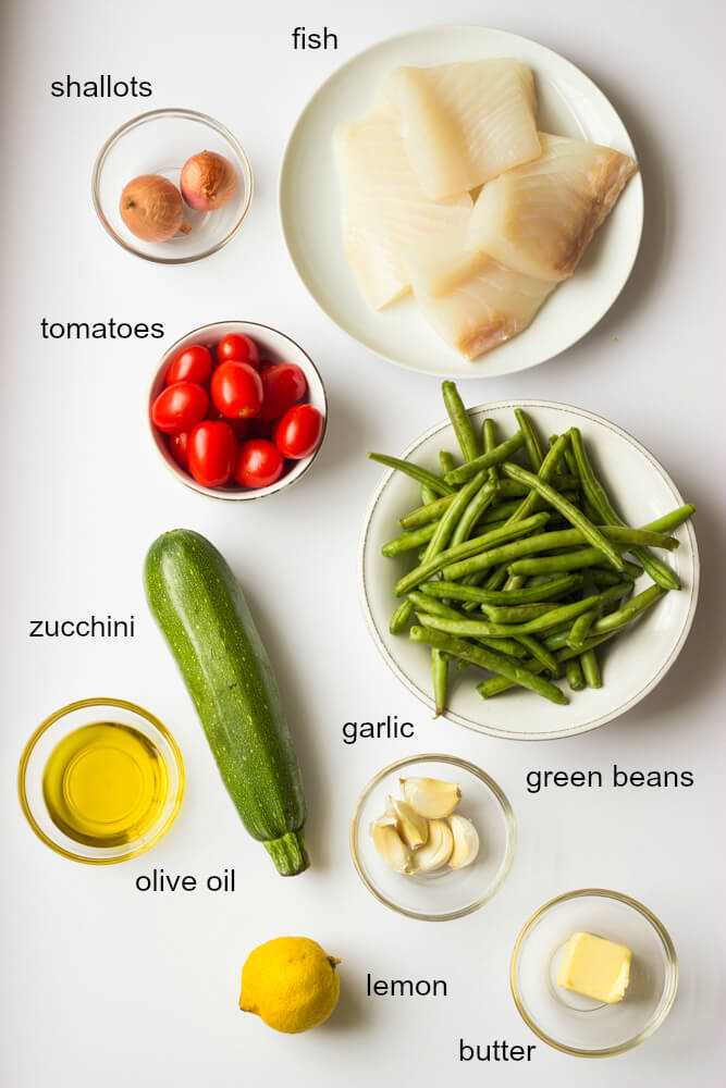 ingredients for baked fish and vegetables