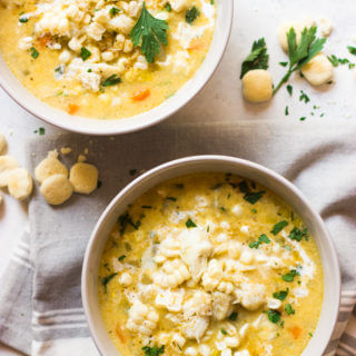 Fresh Corn and Crab Chowder - lightened up chowder with half and half, no flour, fresh sweet corn, and lump crab meat! It's a must have one-pot summer meal | littlebroken.com @littlebroken