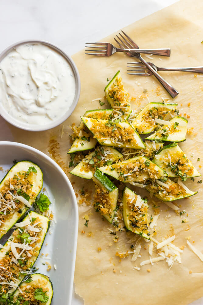 Roasted Parmesan Zucchini with Yogurt Dill Dip - roasted zucchini with crunchy Parmesan topping and creamy yogurt dill dip | littlebroken.com @littlebroken